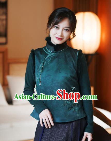 Chinese Classical Embroidered Bamboo Green Silk Vest National Women Tang Suit Waistcoat