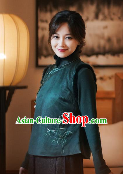 Chinese Classical Embroidered Bamboo Green Silk Vest National Women Tang Suit Waistcoat