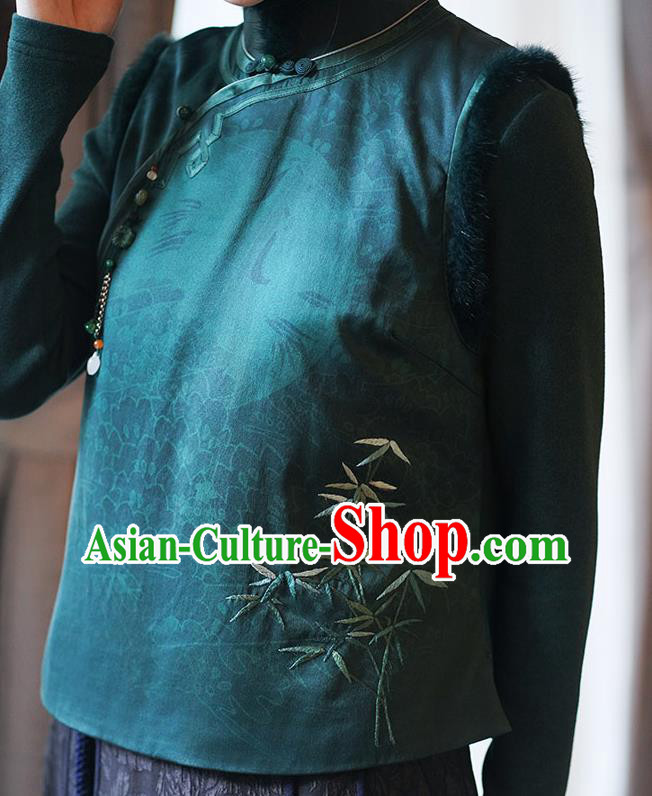 Chinese Classical Embroidered Bamboo Green Silk Vest National Women Tang Suit Waistcoat