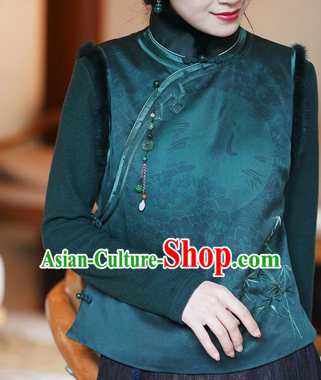 Chinese Classical Embroidered Bamboo Green Silk Vest National Women Tang Suit Waistcoat