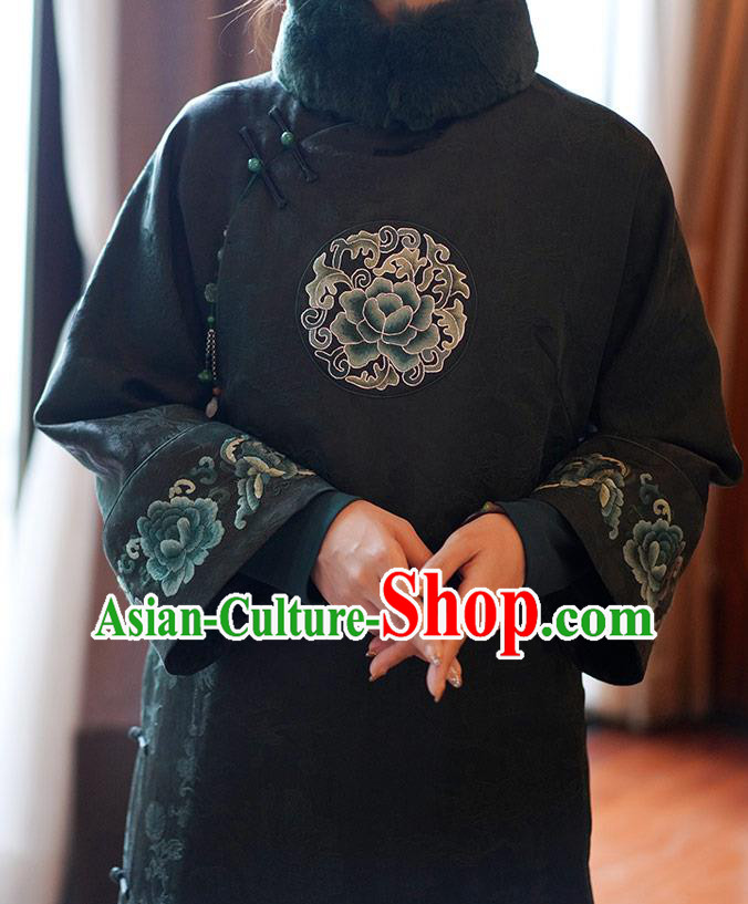 China National Cotton Wadded Coat Classical Embroidered Peony Dark Green Silk Gown Tang Suit Overcoat
