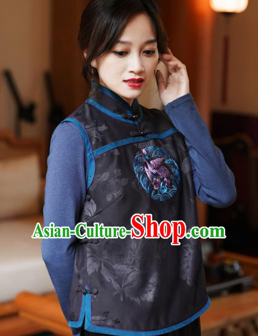 Chinese Classical Embroidered Black Silk Vest National Women Tang Suit Waistcoat Upper Outer Garment
