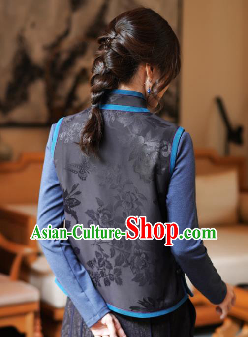 Chinese Classical Embroidered Black Silk Vest National Women Tang Suit Waistcoat Upper Outer Garment