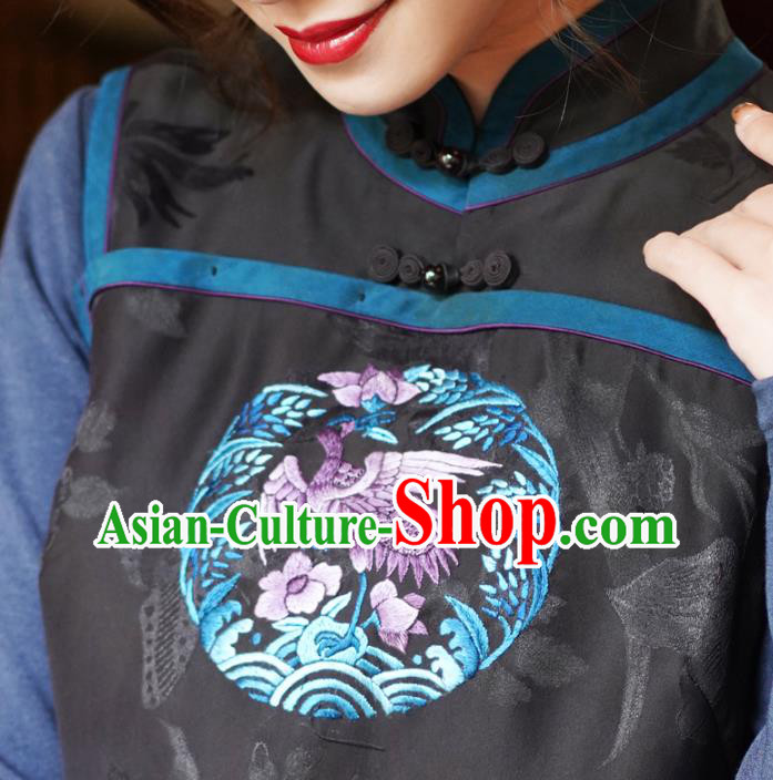Chinese Classical Embroidered Black Silk Vest National Women Tang Suit Waistcoat Upper Outer Garment
