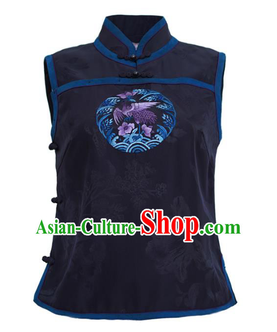 Chinese Classical Embroidered Black Silk Vest National Women Tang Suit Waistcoat Upper Outer Garment