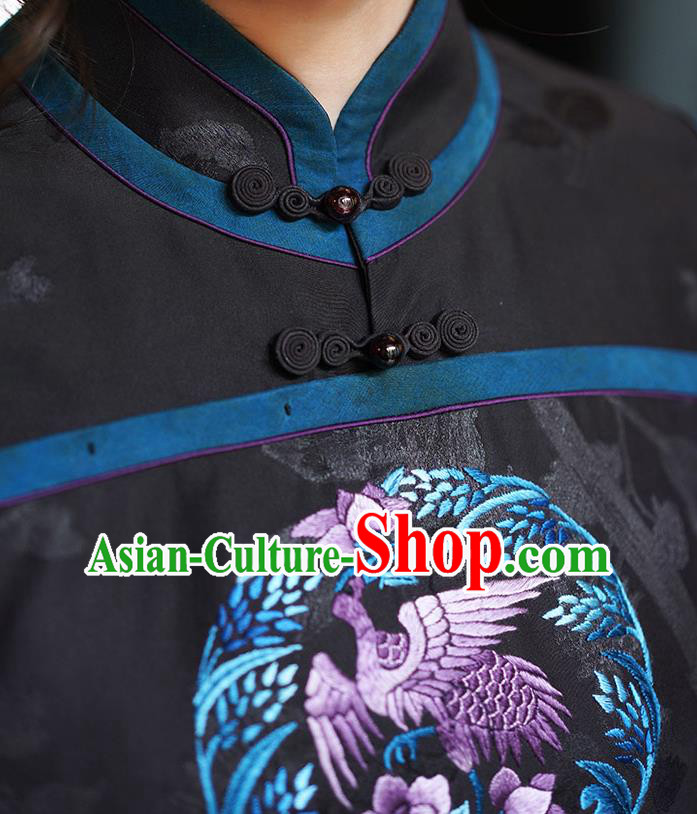 Chinese Classical Embroidered Black Silk Vest National Women Tang Suit Waistcoat Upper Outer Garment