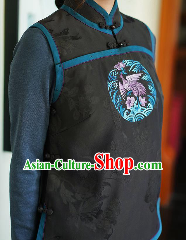 Chinese Classical Embroidered Black Silk Vest National Women Tang Suit Waistcoat Upper Outer Garment