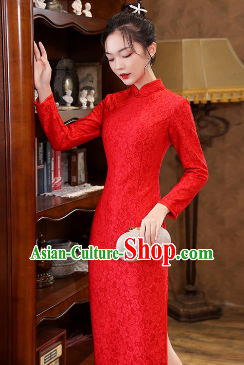 Chinese Classical Wedding Red Lace Qipao Dress Traditional National Costume Bride Cheongsam