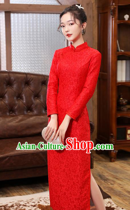 Chinese Classical Wedding Red Lace Qipao Dress Traditional National Costume Bride Cheongsam