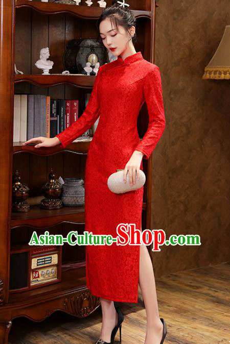 Chinese Classical Wedding Red Lace Qipao Dress Traditional National Costume Bride Cheongsam