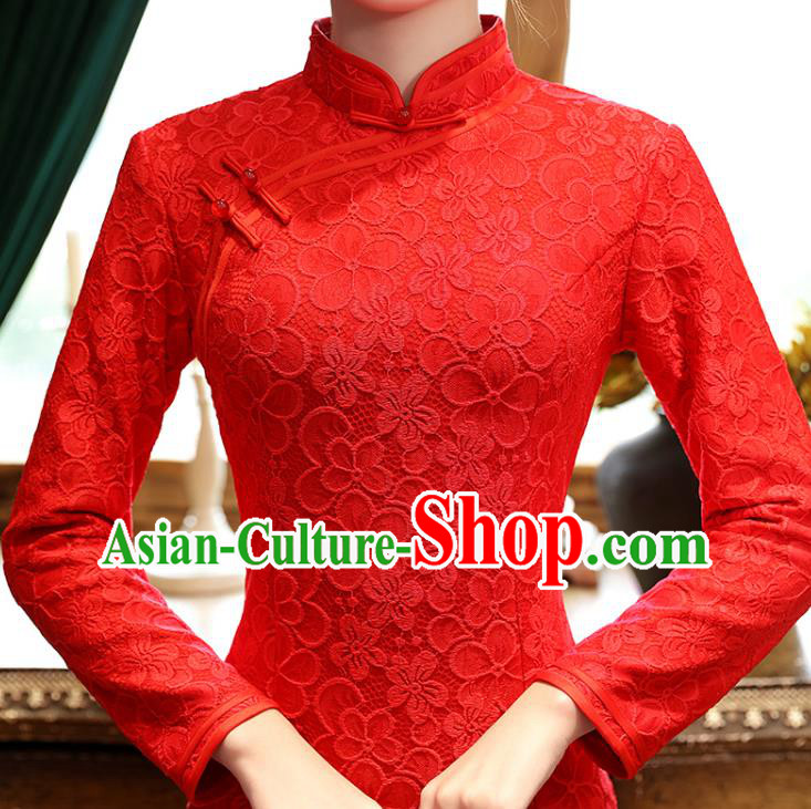 Chinese Classical Wedding Red Lace Qipao Dress Traditional National Costume Bride Cheongsam