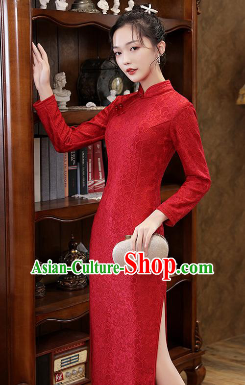 Chinese Traditional National Costume Bride Cheongsam Classical Wedding Dark Red Lace Qipao Dress