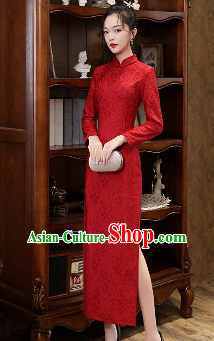 Chinese Traditional National Costume Bride Cheongsam Classical Wedding Dark Red Lace Qipao Dress