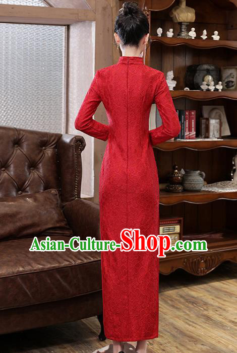 Chinese Traditional National Costume Bride Cheongsam Classical Wedding Dark Red Lace Qipao Dress