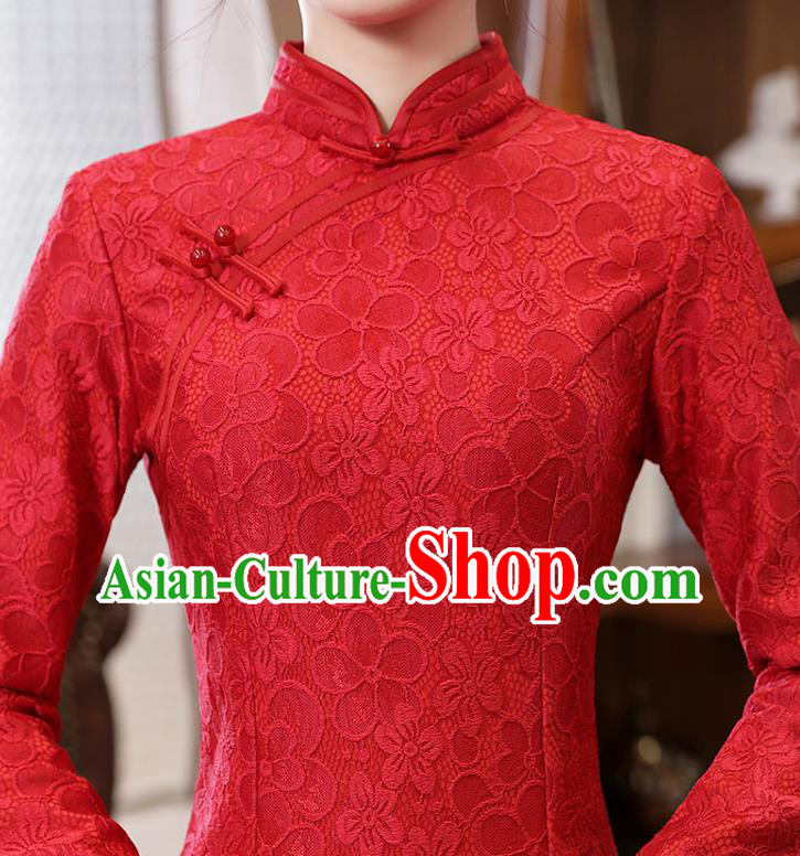 Chinese Traditional National Costume Bride Cheongsam Classical Wedding Dark Red Lace Qipao Dress