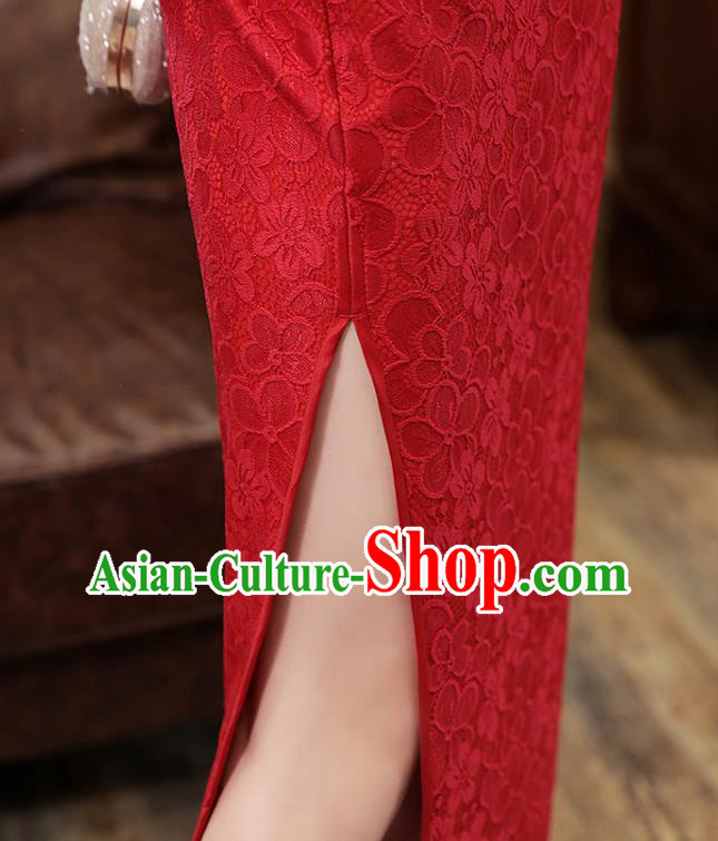 Chinese Traditional National Costume Bride Cheongsam Classical Wedding Dark Red Lace Qipao Dress