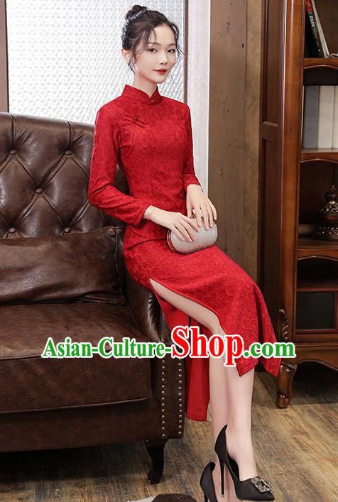 Chinese Traditional National Costume Bride Cheongsam Classical Wedding Dark Red Lace Qipao Dress