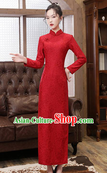 Chinese Traditional National Costume Bride Cheongsam Classical Wedding Dark Red Lace Qipao Dress
