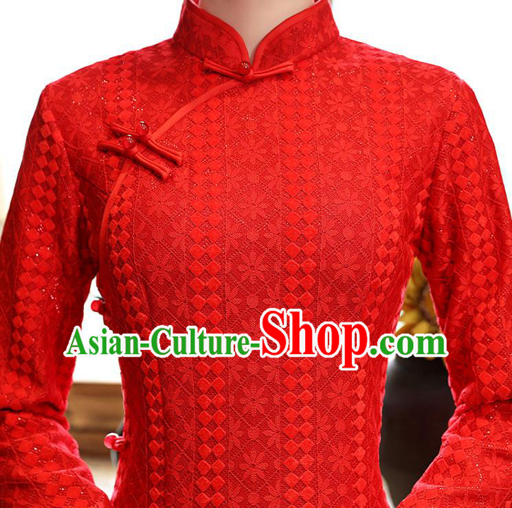 Chinese Bride Red Cheongsam Classical Wedding Qipao Dress Traditional National Toast Costume