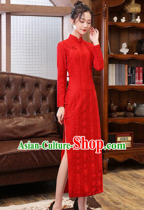 Chinese Bride Red Cheongsam Classical Wedding Qipao Dress Traditional National Toast Costume