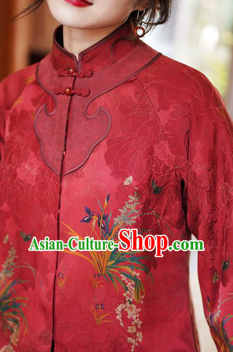 China Tang Suit Overcoat National Women Clothing Classical Orchids Pattern Red Silk Jacket