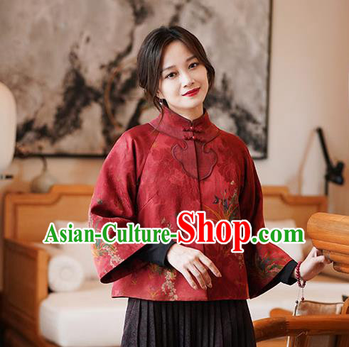 China Tang Suit Overcoat National Women Clothing Classical Orchids Pattern Red Silk Jacket