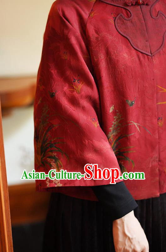 China Tang Suit Overcoat National Women Clothing Classical Orchids Pattern Red Silk Jacket