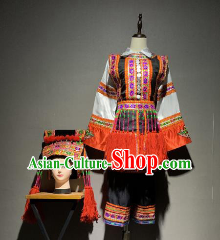 Chinese Yi Nationality Minority Folk Dance Costumes Ethnic Woman Stage Performance Outfits and Headwear