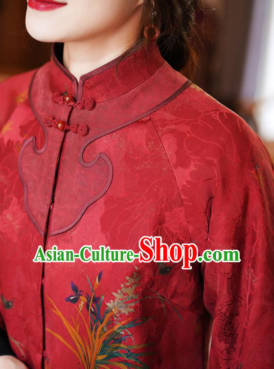 China Tang Suit Overcoat National Women Clothing Classical Orchids Pattern Red Silk Jacket