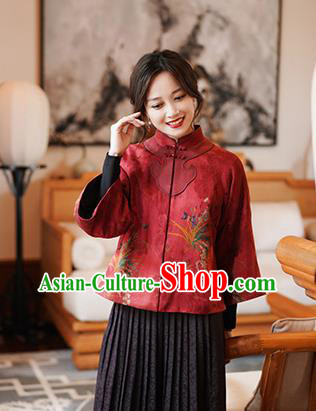 China Tang Suit Overcoat National Women Clothing Classical Orchids Pattern Red Silk Jacket