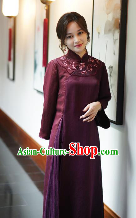 Republic of China Classical Embroidered Qipao Dress National Female Wine Red Silk Cheongsam