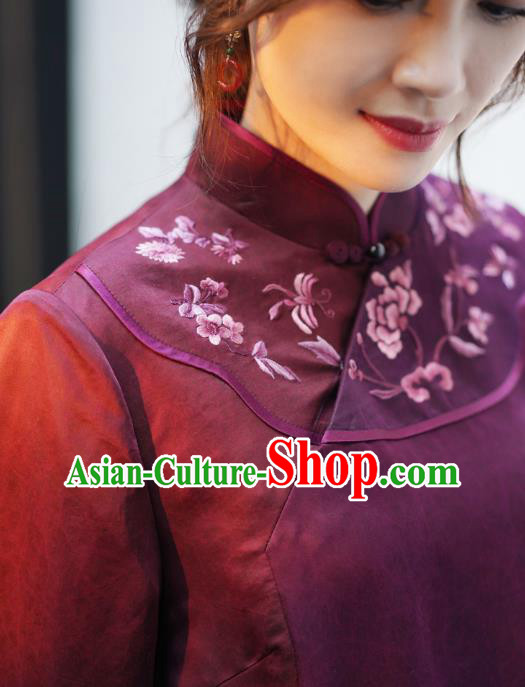 Republic of China Classical Embroidered Qipao Dress National Female Wine Red Silk Cheongsam