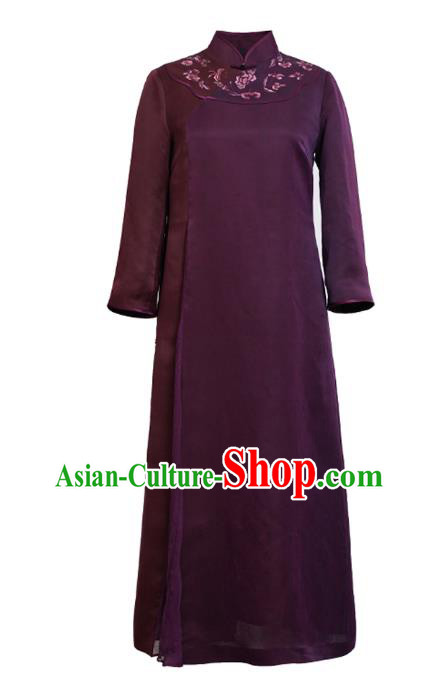 Republic of China Classical Embroidered Qipao Dress National Female Wine Red Silk Cheongsam