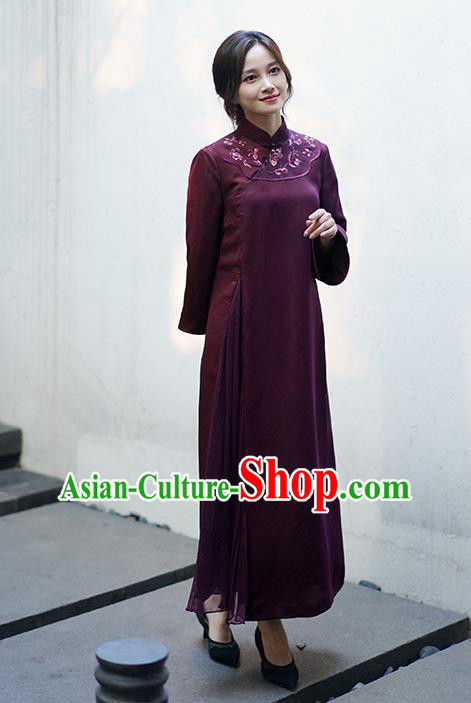 Republic of China Classical Embroidered Qipao Dress National Female Wine Red Silk Cheongsam