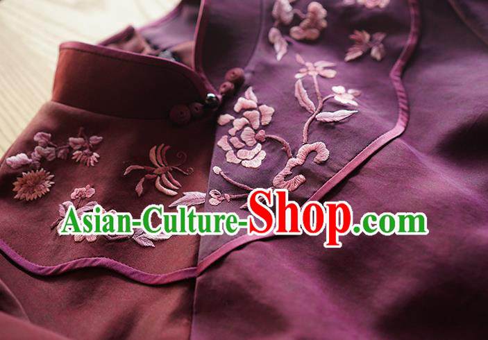 Republic of China Classical Embroidered Qipao Dress National Female Wine Red Silk Cheongsam