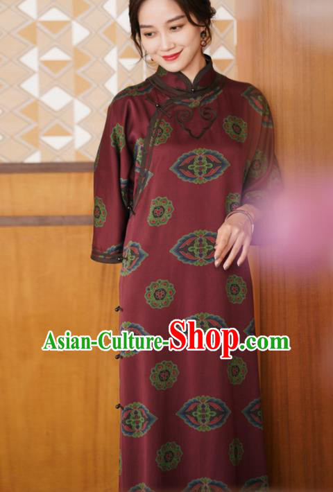 Republic of China Classical Dark Red Silk Cheongsam National Female Qipao Dress Costume