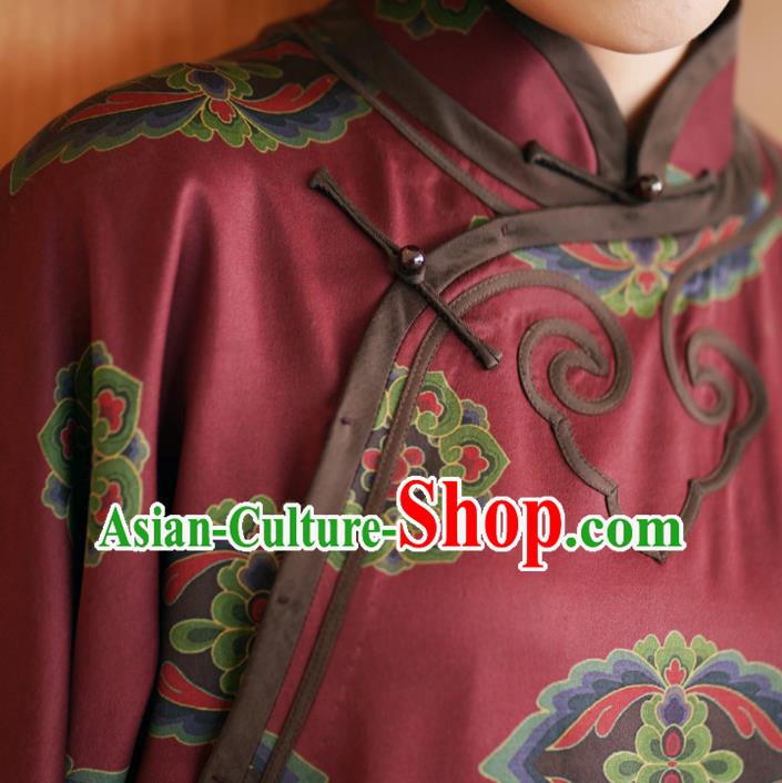 Republic of China Classical Dark Red Silk Cheongsam National Female Qipao Dress Costume