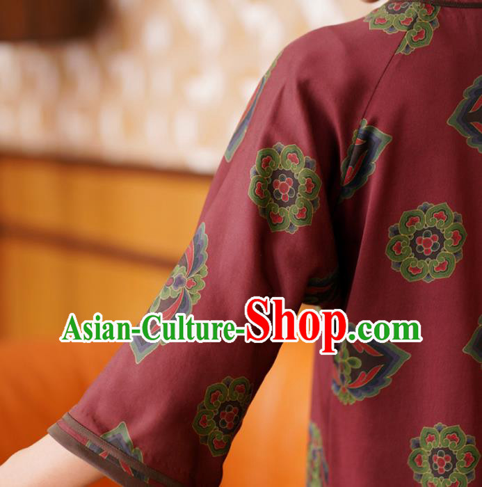 Republic of China Classical Dark Red Silk Cheongsam National Female Qipao Dress Costume