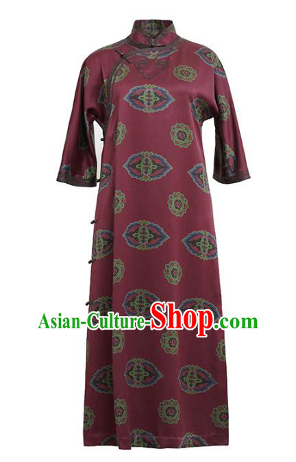 Republic of China Classical Dark Red Silk Cheongsam National Female Qipao Dress Costume