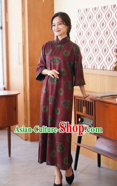 Republic of China Classical Dark Red Silk Cheongsam National Female Qipao Dress Costume