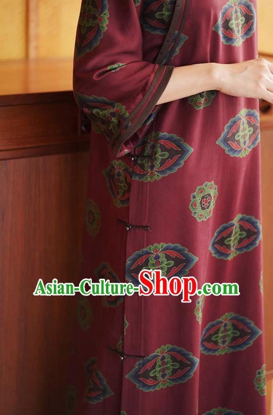 Republic of China Classical Dark Red Silk Cheongsam National Female Qipao Dress Costume