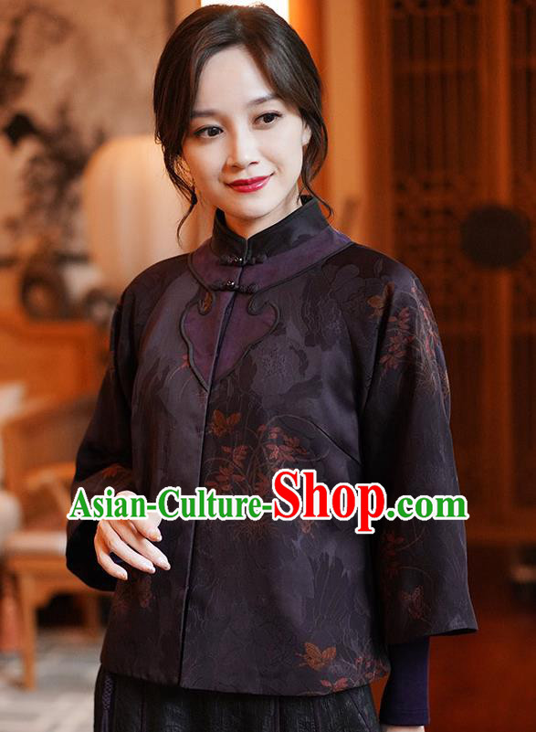 China Classical Orchids Pattern Purple Silk Jacket Tang Suit Overcoat National Women Clothing