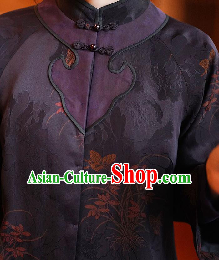 China Classical Orchids Pattern Purple Silk Jacket Tang Suit Overcoat National Women Clothing