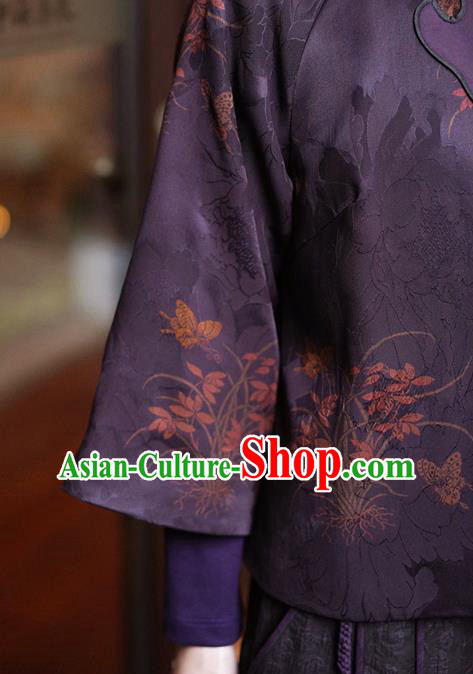 China Classical Orchids Pattern Purple Silk Jacket Tang Suit Overcoat National Women Clothing