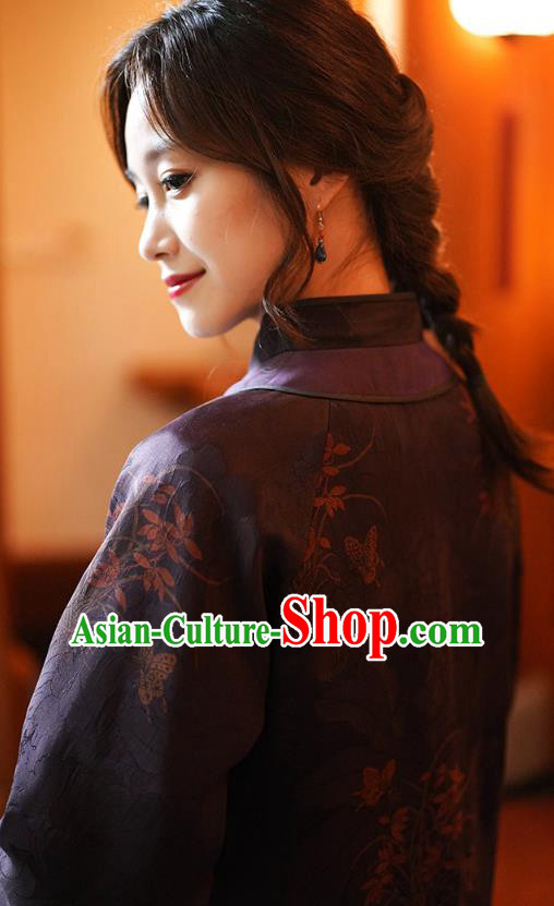 China Classical Orchids Pattern Purple Silk Jacket Tang Suit Overcoat National Women Clothing