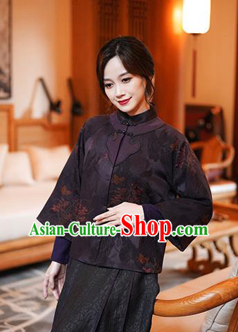 China Classical Orchids Pattern Purple Silk Jacket Tang Suit Overcoat National Women Clothing