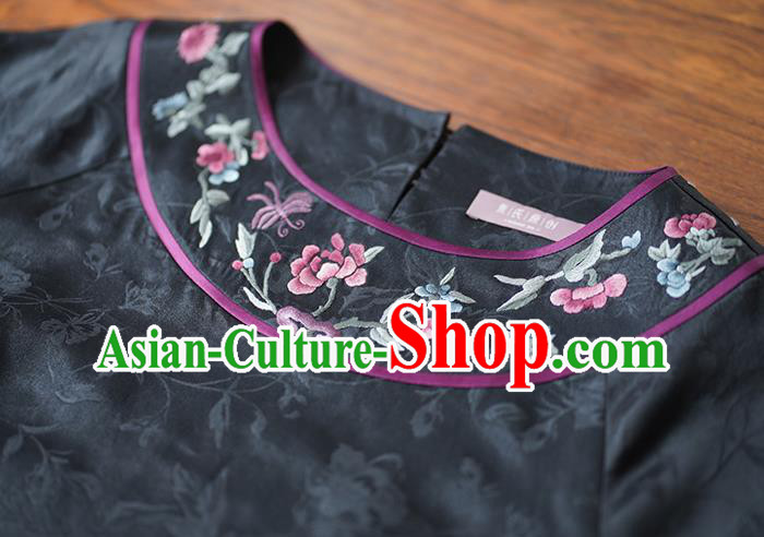 China National Young Beauty Qipao Dress Classical Embroidered Black Silk Cheongsam Costume