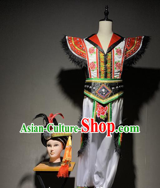 Chinese Miao Nationality Stage Performance Costumes Hmong Ethnic Minority Bridegroom Wedding Outfits and Hat