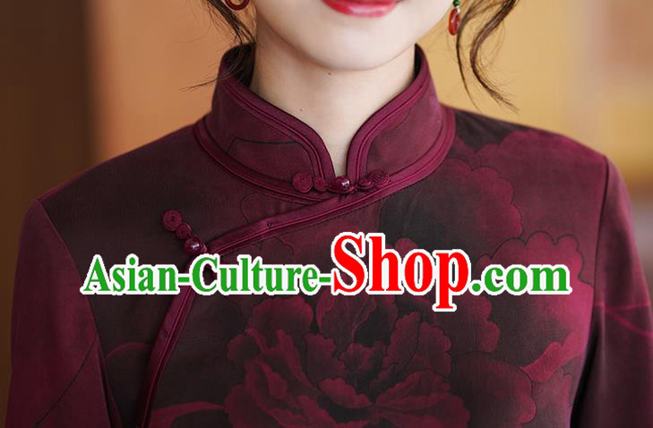 China Classical Peony Pattern Wine Red Silk Cheongsam Costume National Young Women Qipao Dress