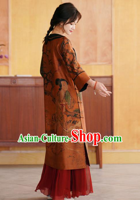 China National Women Clothing Classical Beauty Pattern Orange Silk Long Gown Tang Suit Overcoat